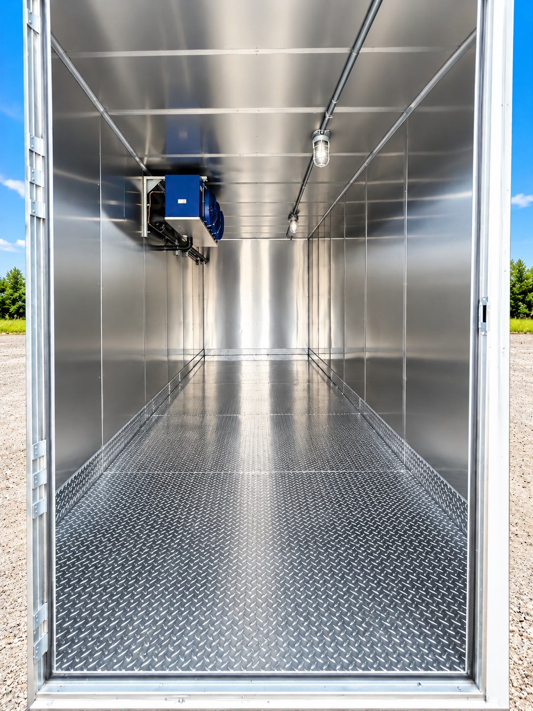Interior of a refrigerated container with stainless steel walls and a cooling unit