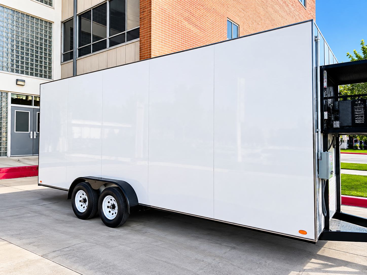 White 20 ft refrigerated trailer parked beside a brick building